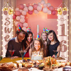 Eiurteao 16th Birthday Banner with LED Lights – Pink Rose Gold Sweet 16 Door Banner