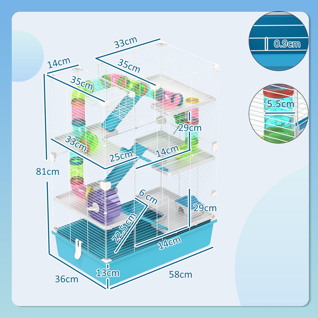 PawHut 6 Tier Hamster Cage, Small Animal Cage with Tubes, Exercise Wheel, Ramps, Hut, Food Dish, Water Bottle, Light Blue