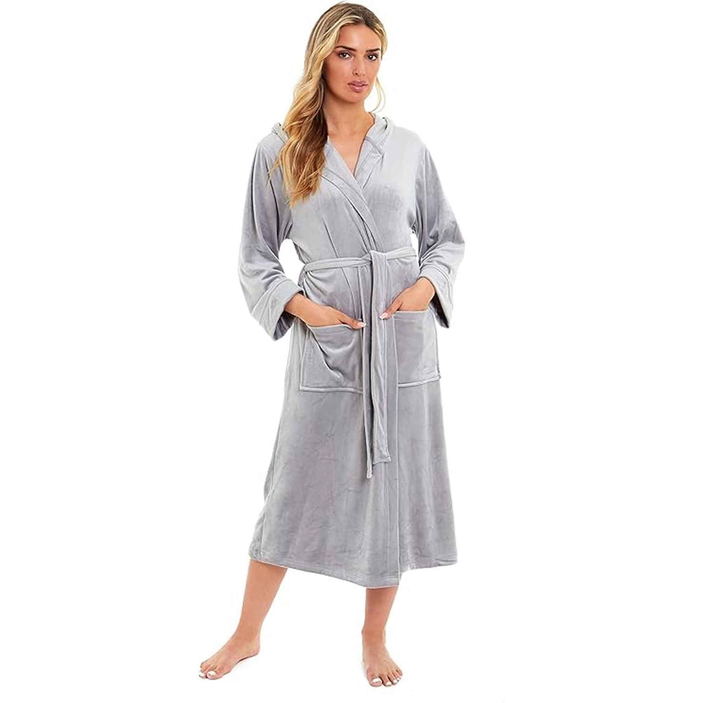 Daisy Dreamer Women's Hooded Velour Bathrobe Ultra Soft Luxurious Pink And Grey Cosy Super Soft Hotel-Style Robe