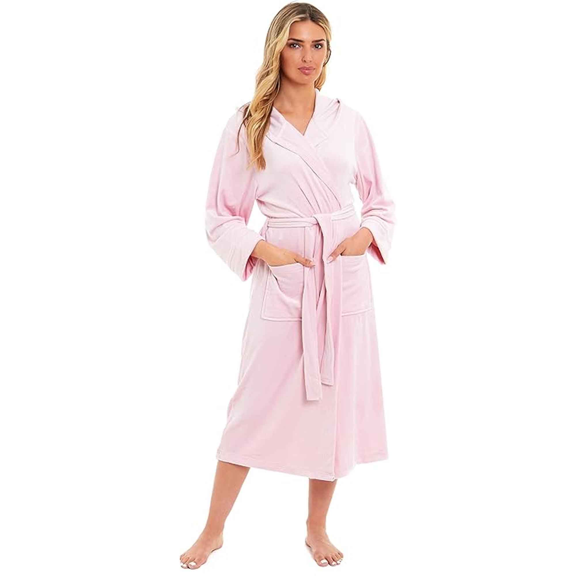 Daisy Dreamer Women's Hooded Velour Bathrobe Ultra Soft Luxurious Pink And Grey Cosy Super Soft Hotel-Style Robe