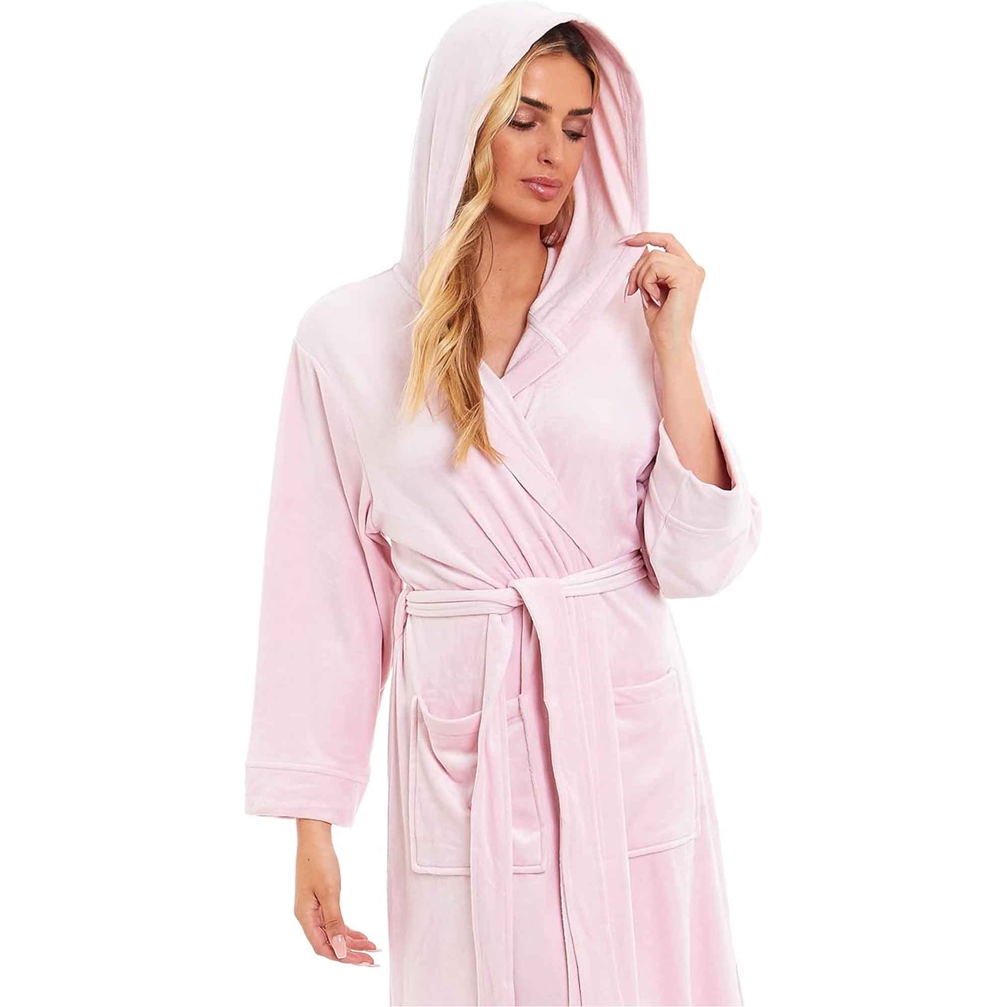 Daisy Dreamer Women's Hooded Velour Bathrobe Ultra Soft Luxurious Pink And Grey Cosy Super Soft Hotel-Style Robe