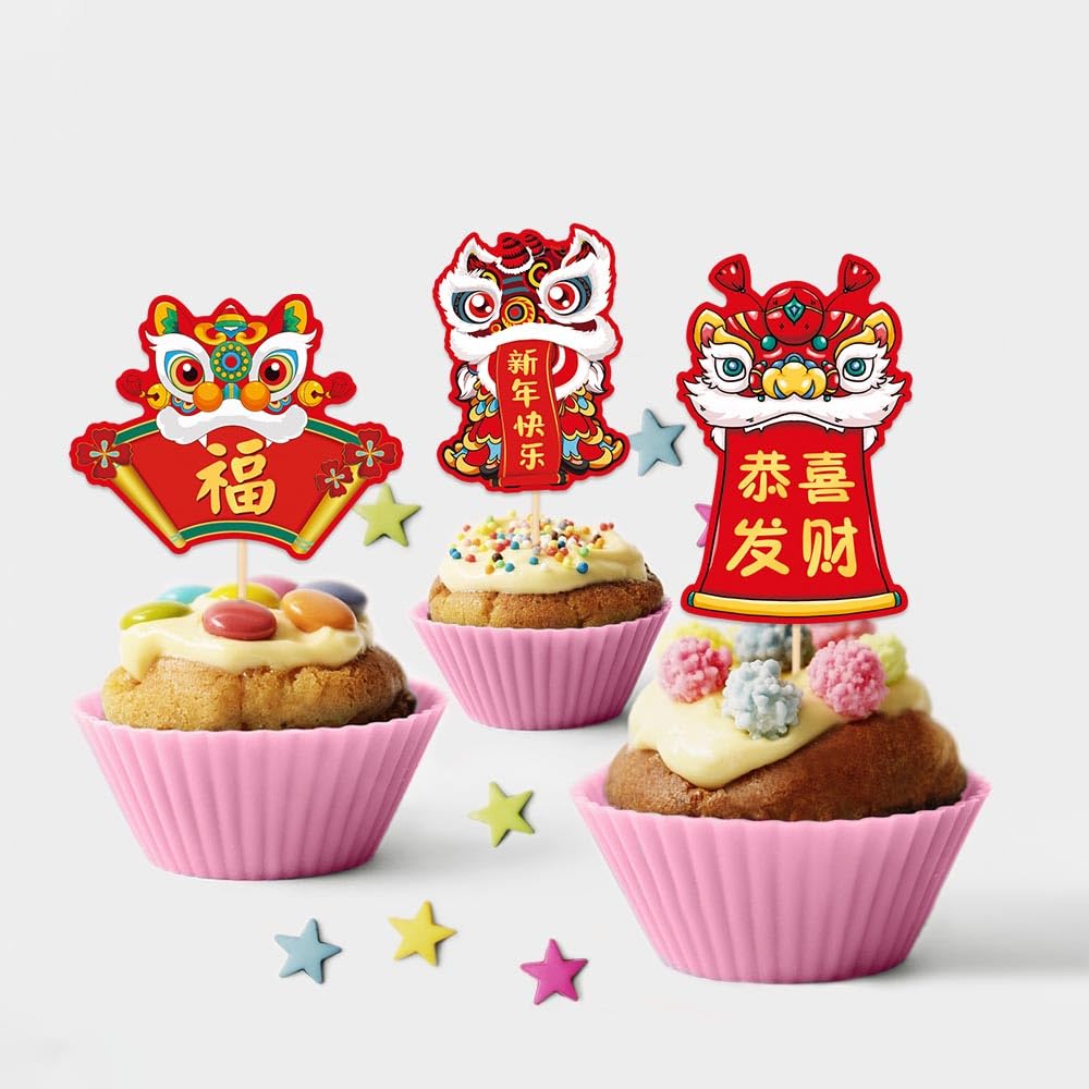 Elevizzle Chinese New Year Cupcake Toppers – 24 Pcs Lunar New Year Dessert Decorations