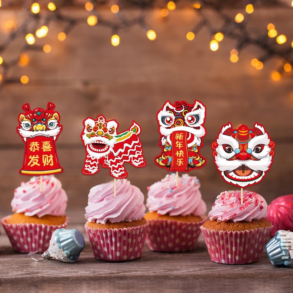 Elevizzle Chinese New Year Cupcake Toppers – 24 Pcs Lunar New Year Dessert Decorations