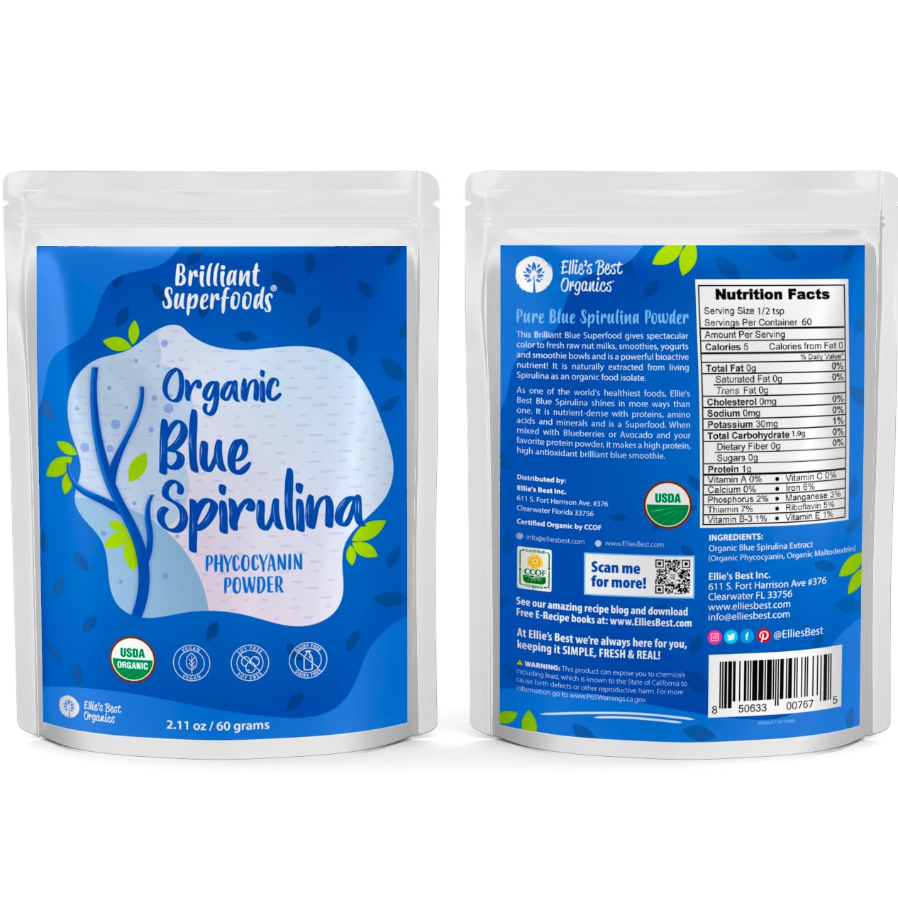 Ellie's Best Bio-Blaue Spirulina-Pulver (Phycocyanin-Extrakt) - 60 Portionen - Geruchlos - Vegan, gentechnikfrei, glutenfrei, milchfrei - Bio-Lebensmittelfarbe - für Smoothies & Proteinshakes usw.