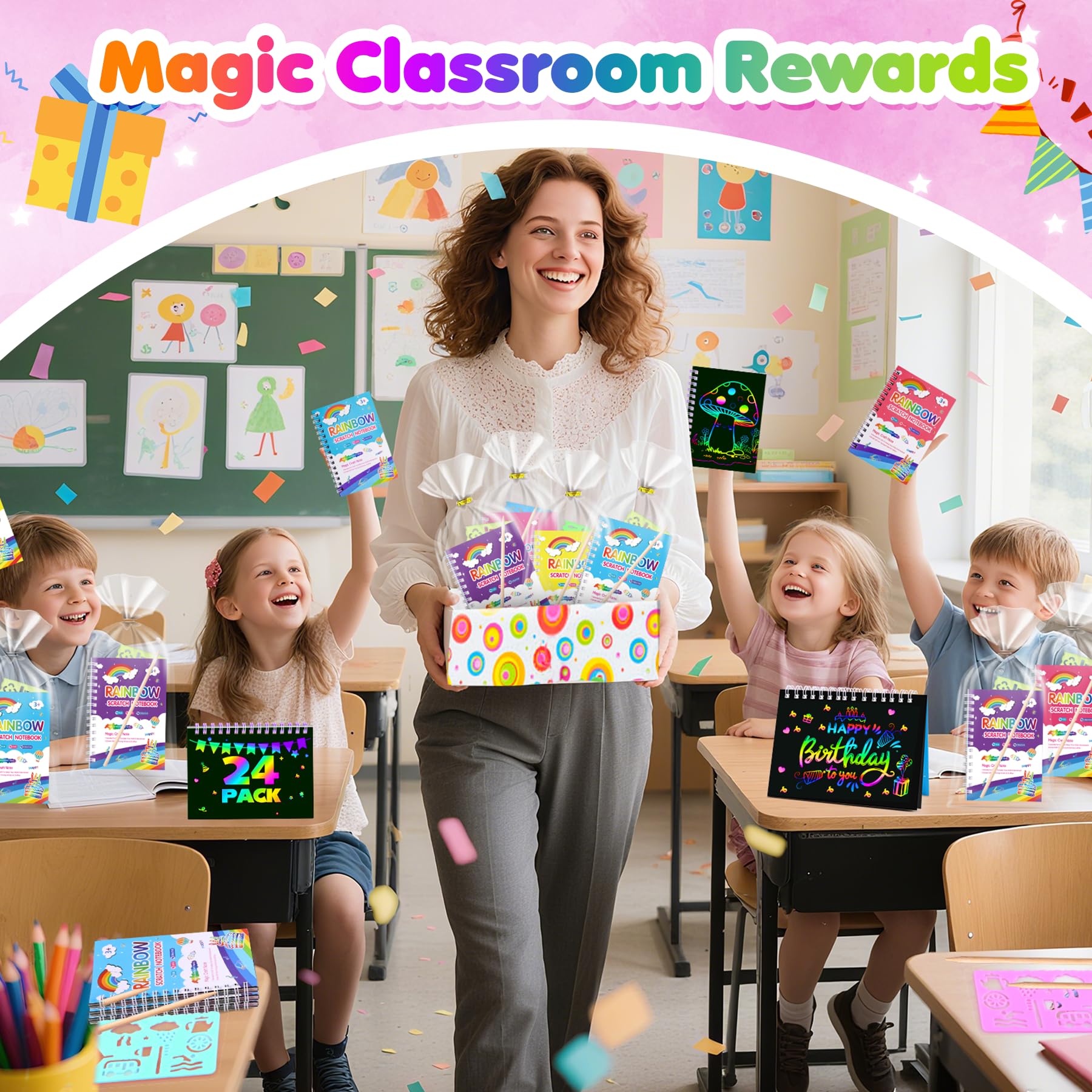 Elover Rainbow Scratch Art Notebooks – 24-Pack Valentines Day Kids Party Favors