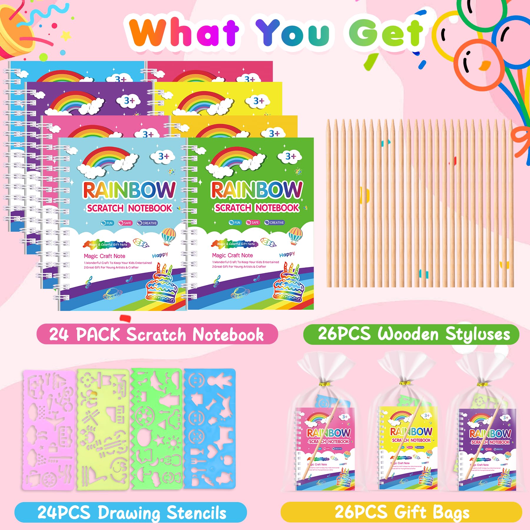 Elover Rainbow Scratch Art Notebooks – 24-Pack Valentines Day Kids Party Favors