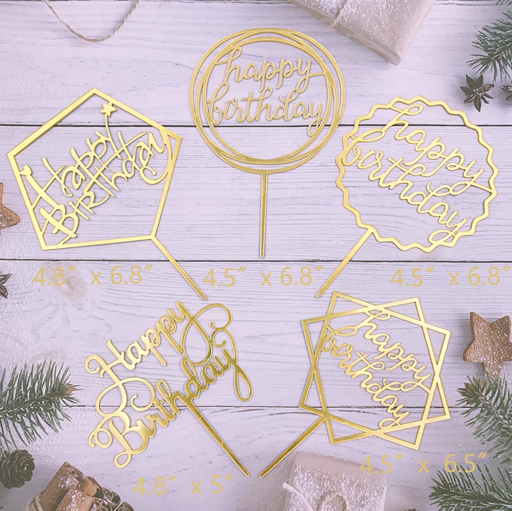 Elwish Gold Cake Topper Set (5 Pcs) – Acrylic Happy Birthday Cake Decorations