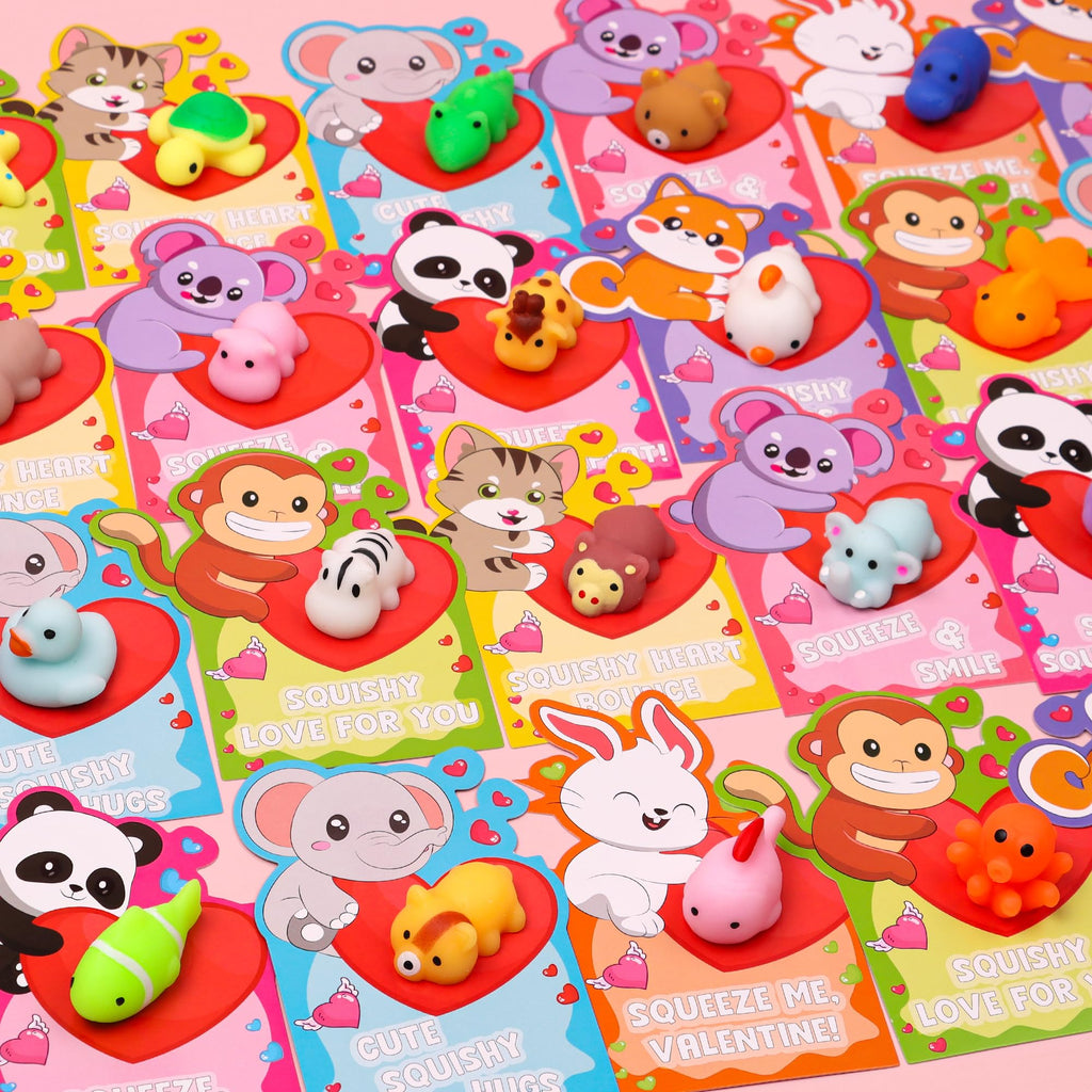 Envotek 28-Pack Valentines Day Cards & Kawaii Mochi Squishies — Classroom Gifts & Party Favors