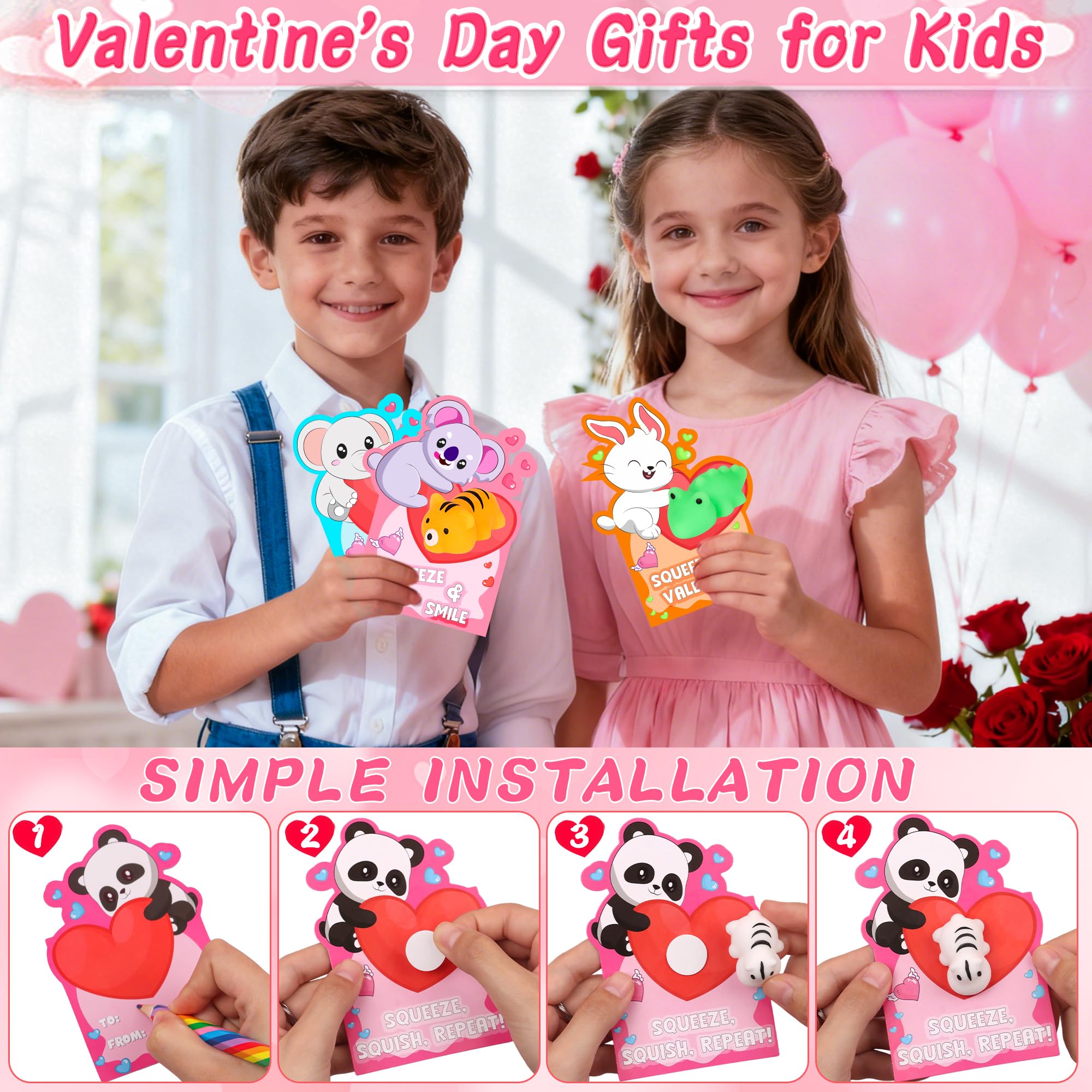 Envotek 28-Pack Valentines Day Cards & Kawaii Mochi Squishies — Classroom Gifts & Party Favors
