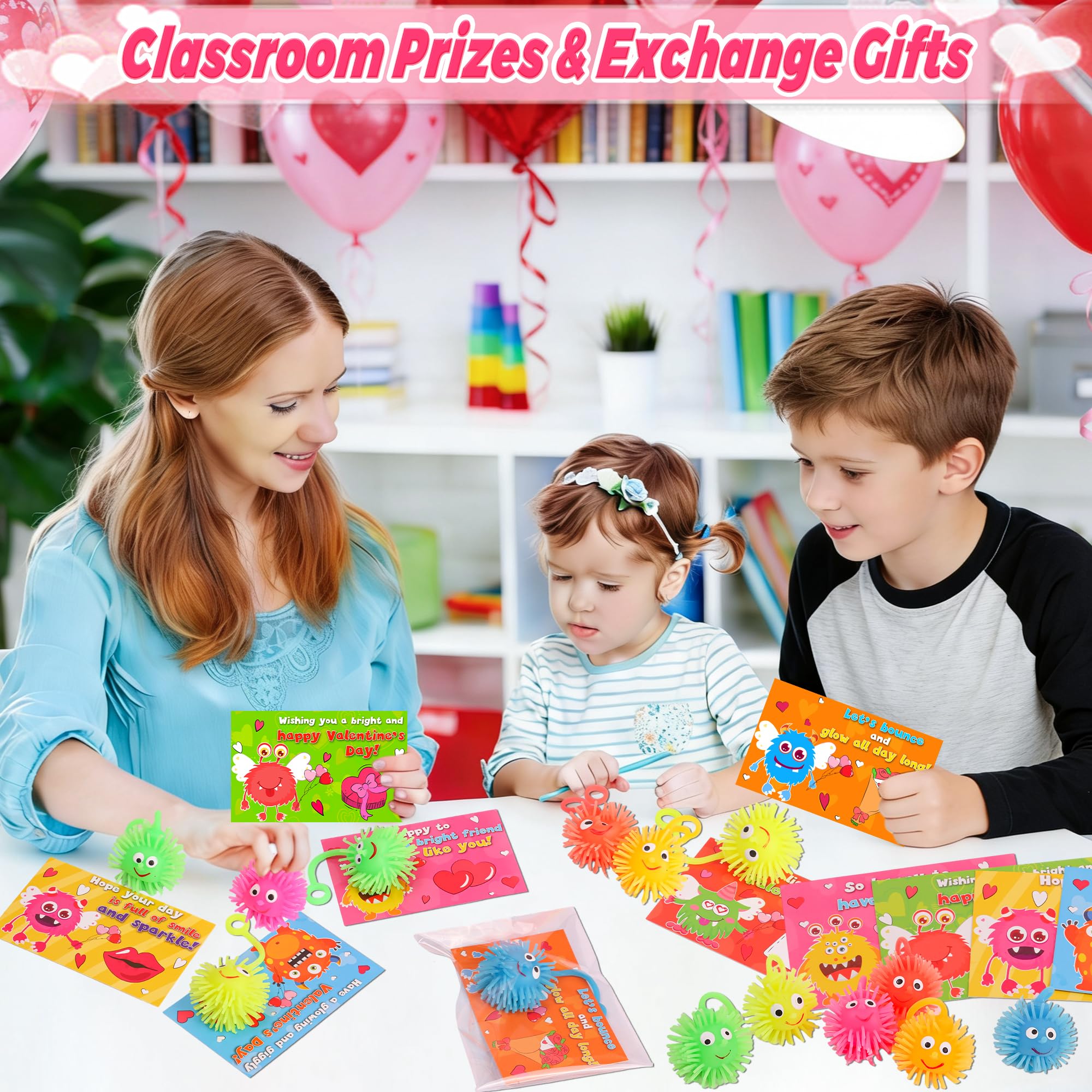 Envotek 24-Pack Valentines LED Puffer Balls with Cards – Classroom Glow Toys & Party Favors