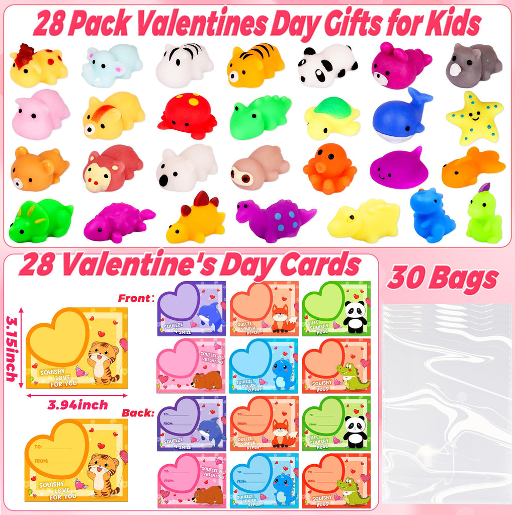 Envotek 28-Pack Valentines Day Gifts for Kids — Kawaii Mochi Squishies, Cards & Classroom Party Favors