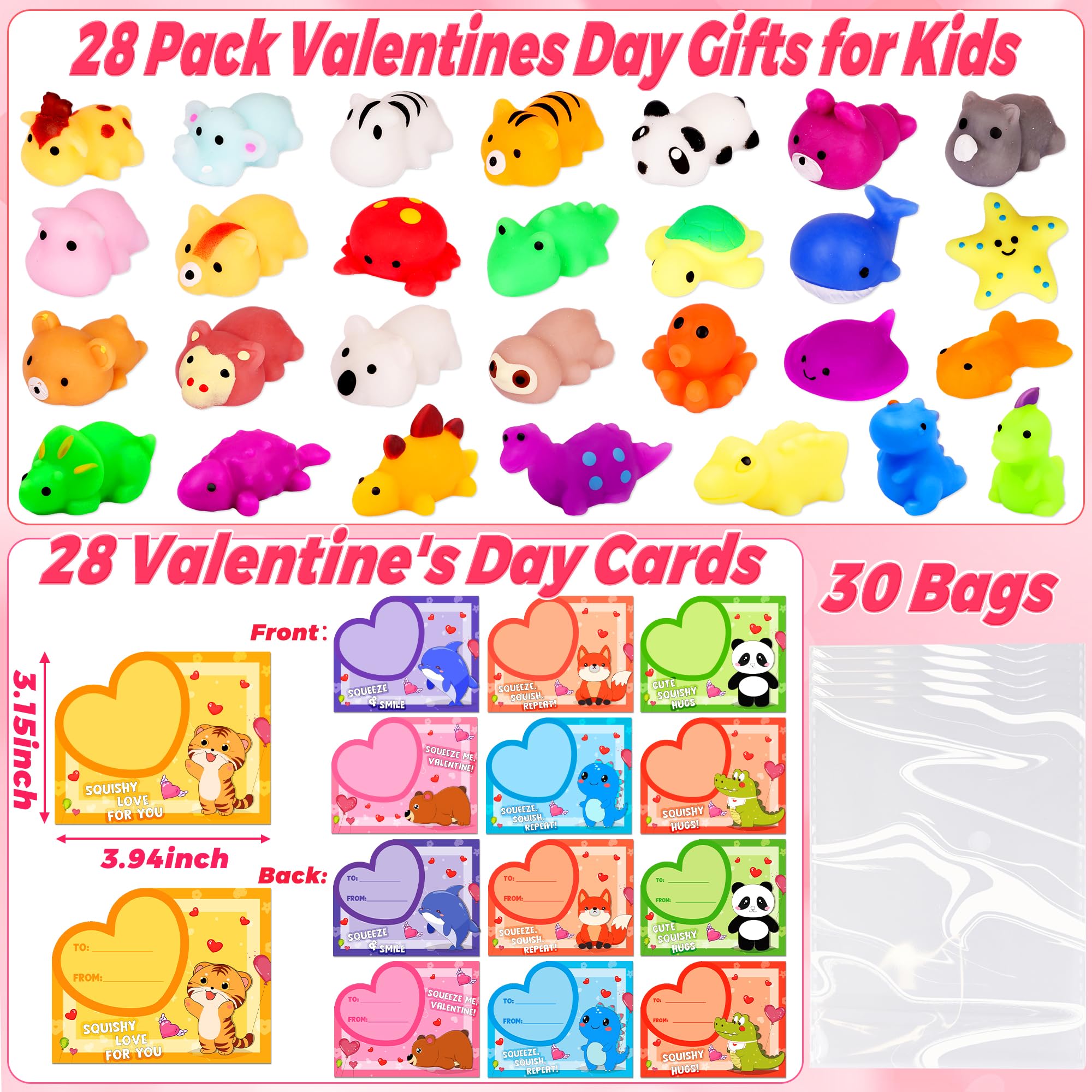 Envotek 28-Pack Valentines Day Gifts for Kids — Kawaii Mochi Squishies, Cards & Classroom Party Favors