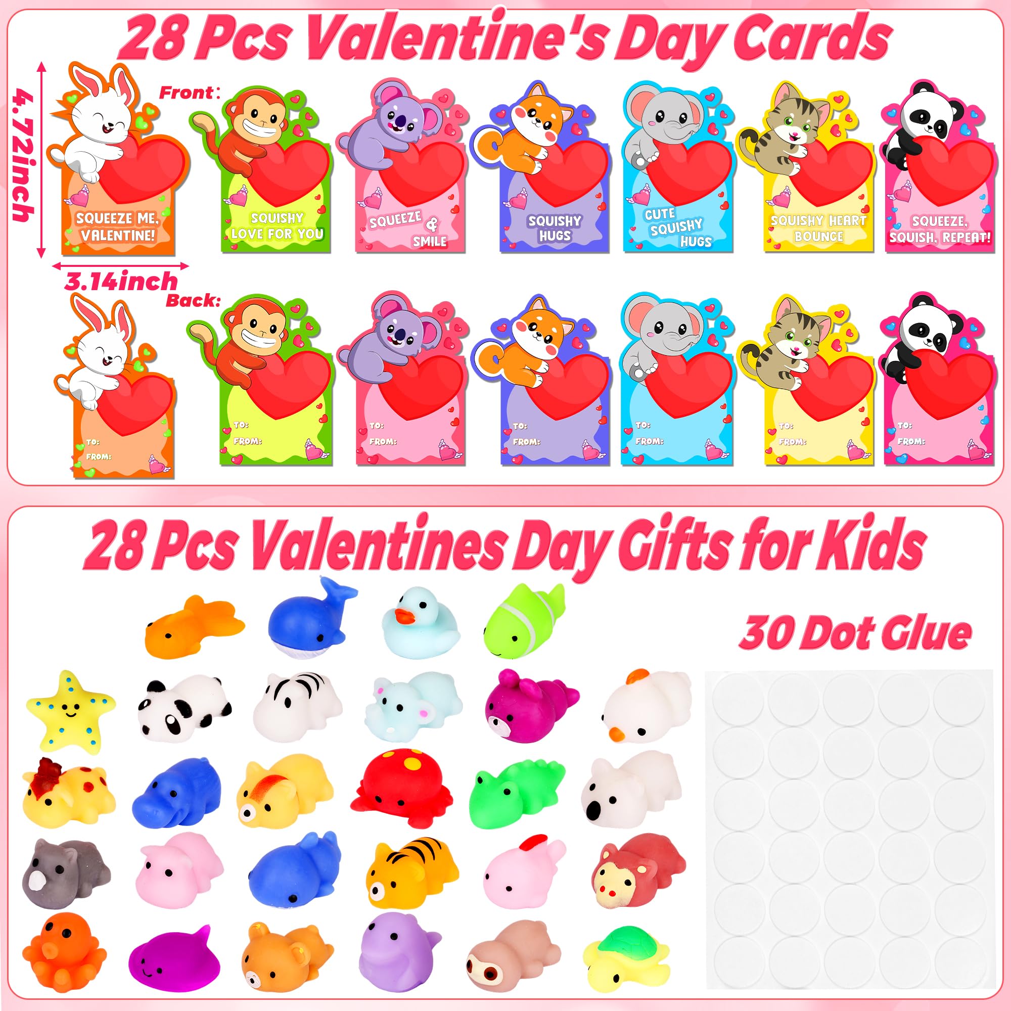 Envotek 28-Pack Valentines Day Cards & Kawaii Mochi Squishies — Classroom Gifts & Party Favors