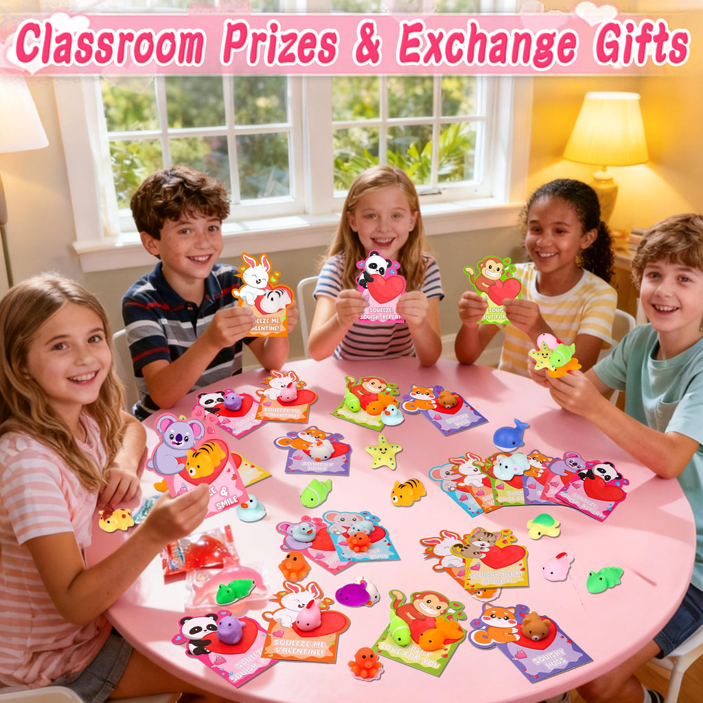 Envotek 28-Pack Valentines Day Cards & Kawaii Mochi Squishies — Classroom Gifts & Party Favors