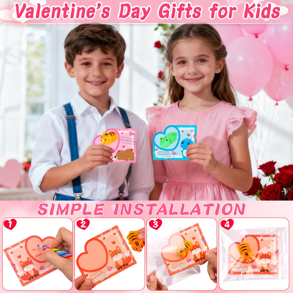 Envotek 28-Pack Valentines Day Gifts for Kids — Kawaii Mochi Squishies, Cards & Classroom Party Favors