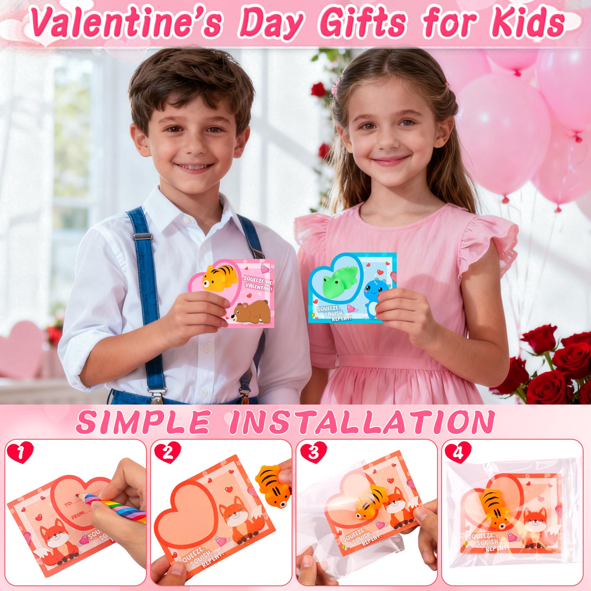 Envotek 28-Pack Valentines Day Gifts for Kids — Kawaii Mochi Squishies, Cards & Classroom Party Favors