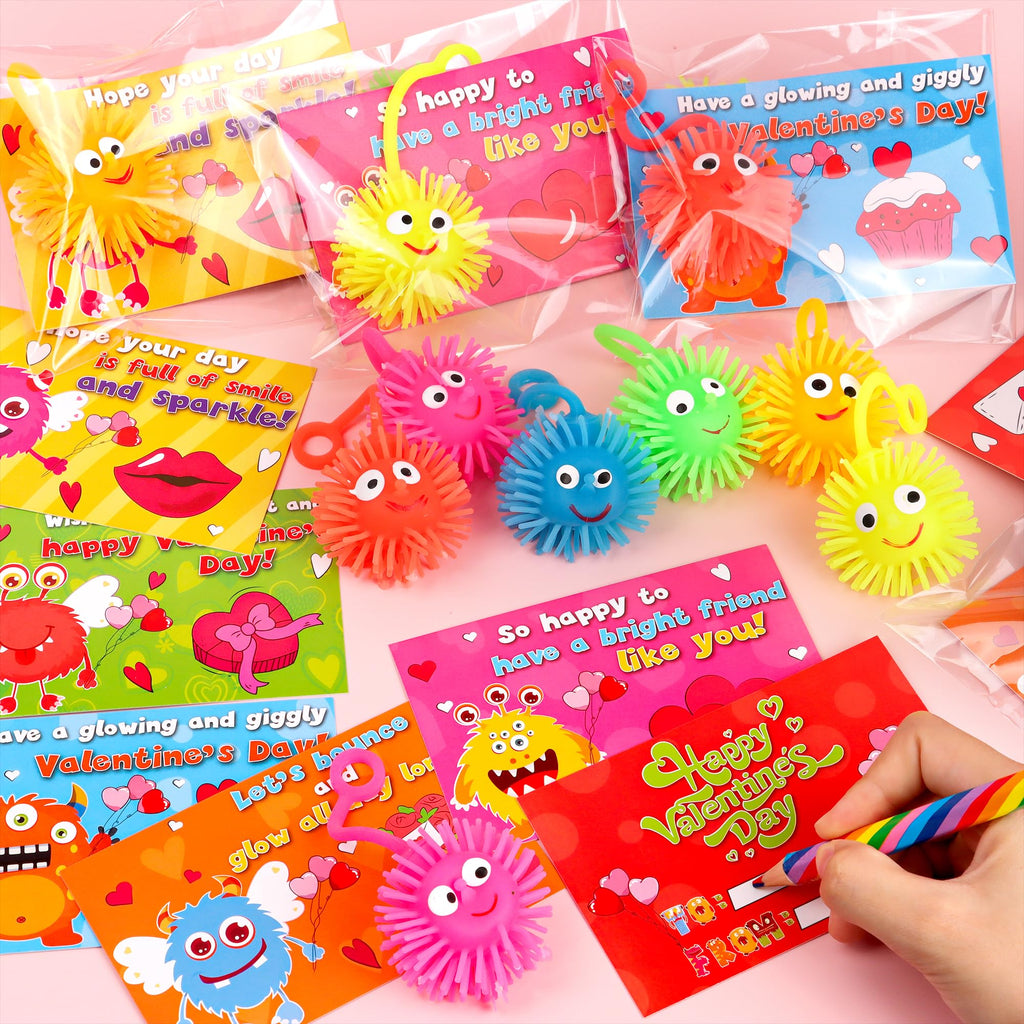 Envotek 24-Pack Valentines LED Puffer Balls with Cards – Classroom Glow Toys & Party Favors