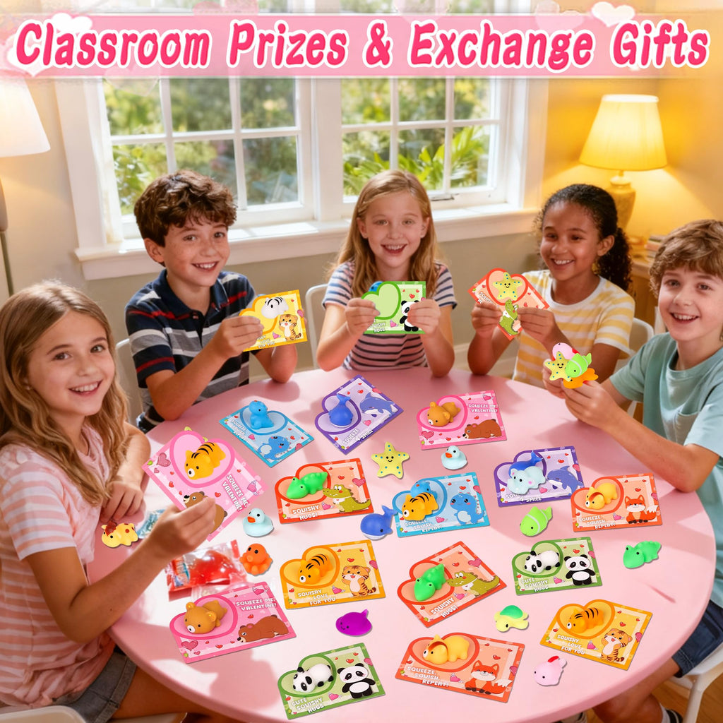 Envotek 28-Pack Valentines Day Gifts for Kids — Kawaii Mochi Squishies, Cards & Classroom Party Favors