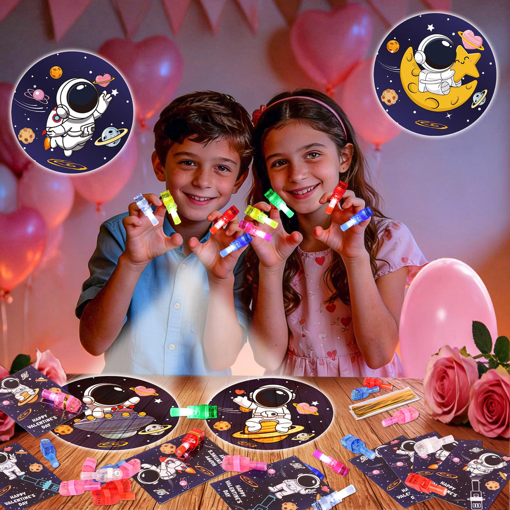 Envotek 28 Pack Valentines Day Cards with LED Finger Lights for Kids — Classroom Gifts & Party Favors