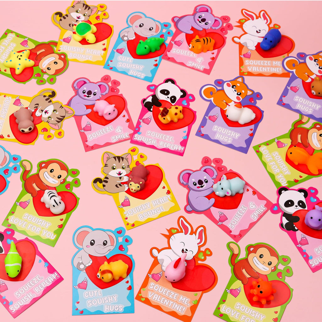 Envotek 28-Pack Valentines Day Cards & Kawaii Mochi Squishies — Classroom Gifts & Party Favors