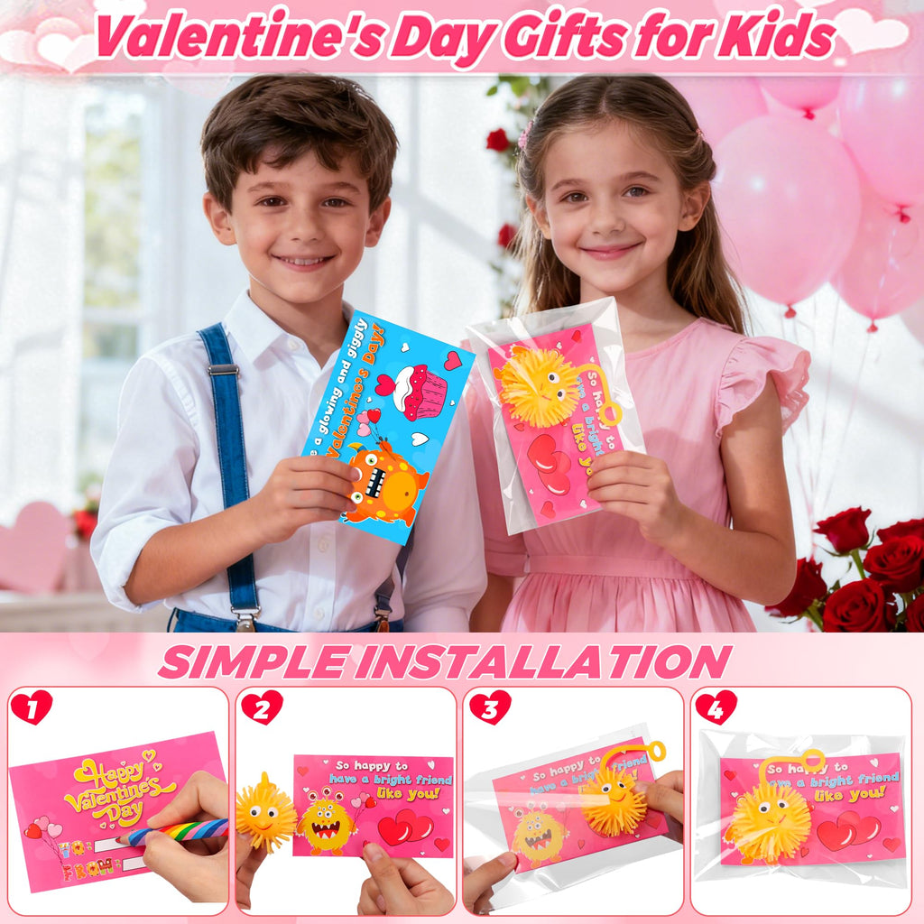 Envotek 24-Pack Valentines LED Puffer Balls with Cards – Classroom Glow Toys & Party Favors
