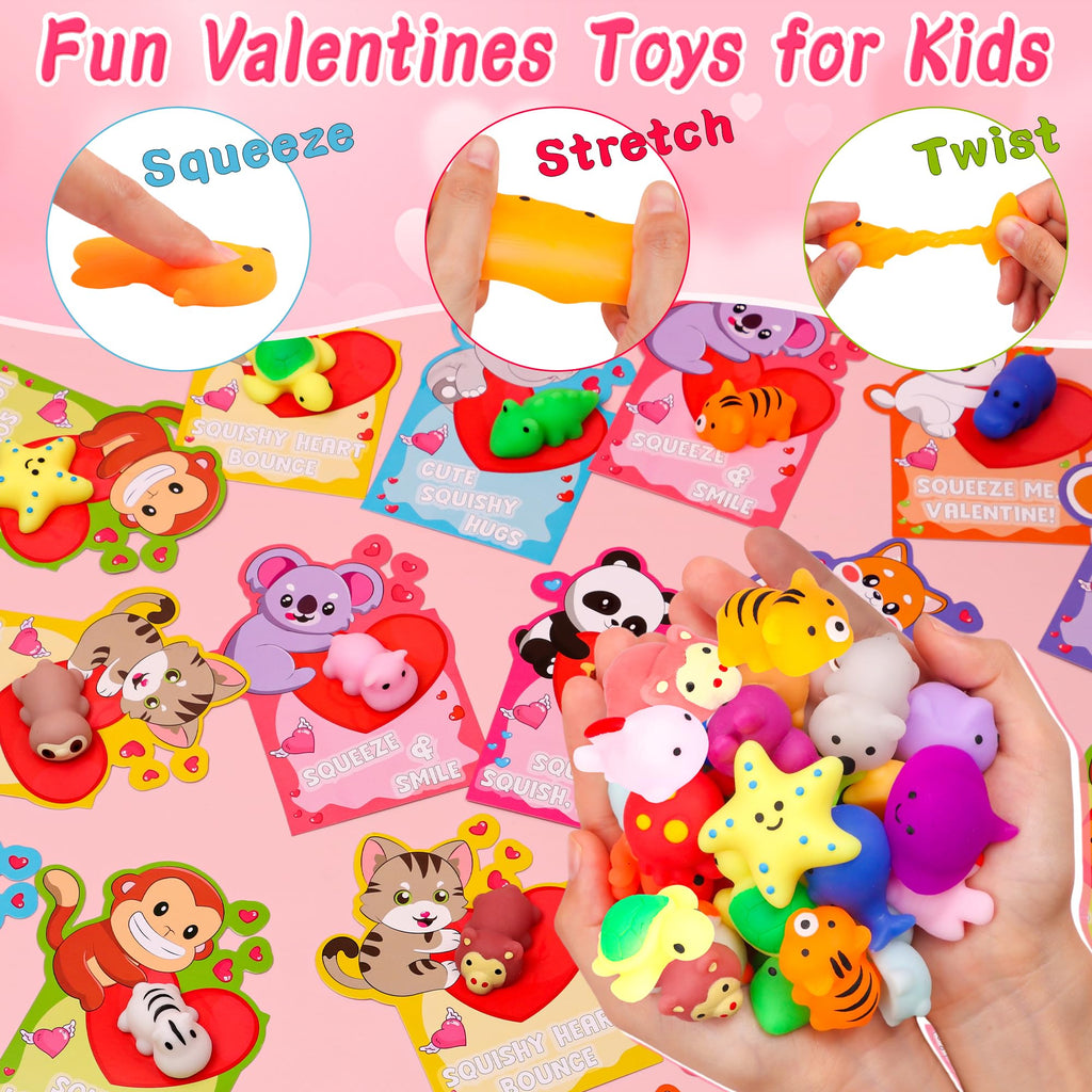Envotek 28-Pack Valentines Day Cards & Kawaii Mochi Squishies — Classroom Gifts & Party Favors