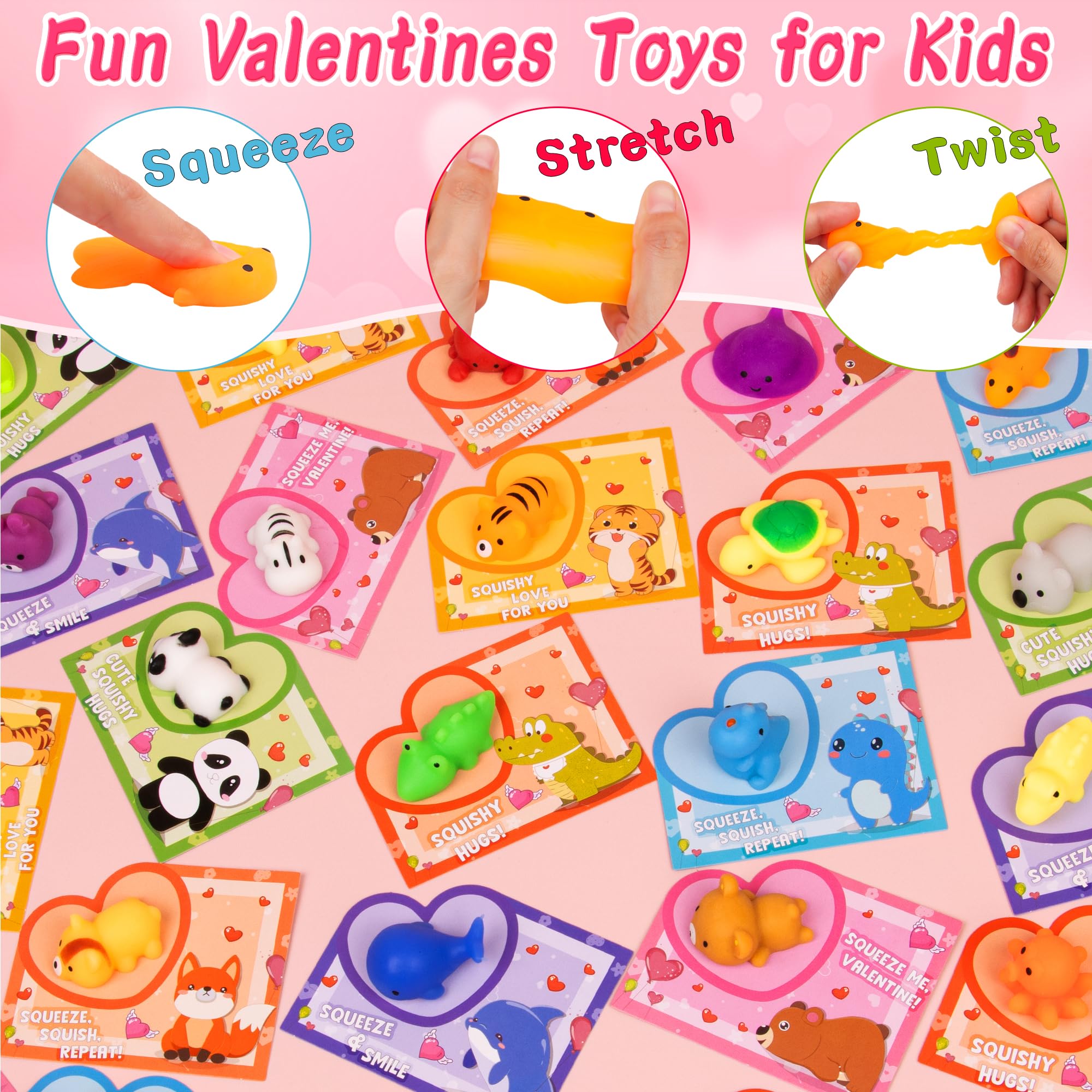 Envotek 28-Pack Valentines Day Gifts for Kids — Kawaii Mochi Squishies, Cards & Classroom Party Favors