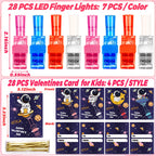 Envotek 28 Pack Valentines Day Cards with LED Finger Lights for Kids — Classroom Gifts & Party Favors
