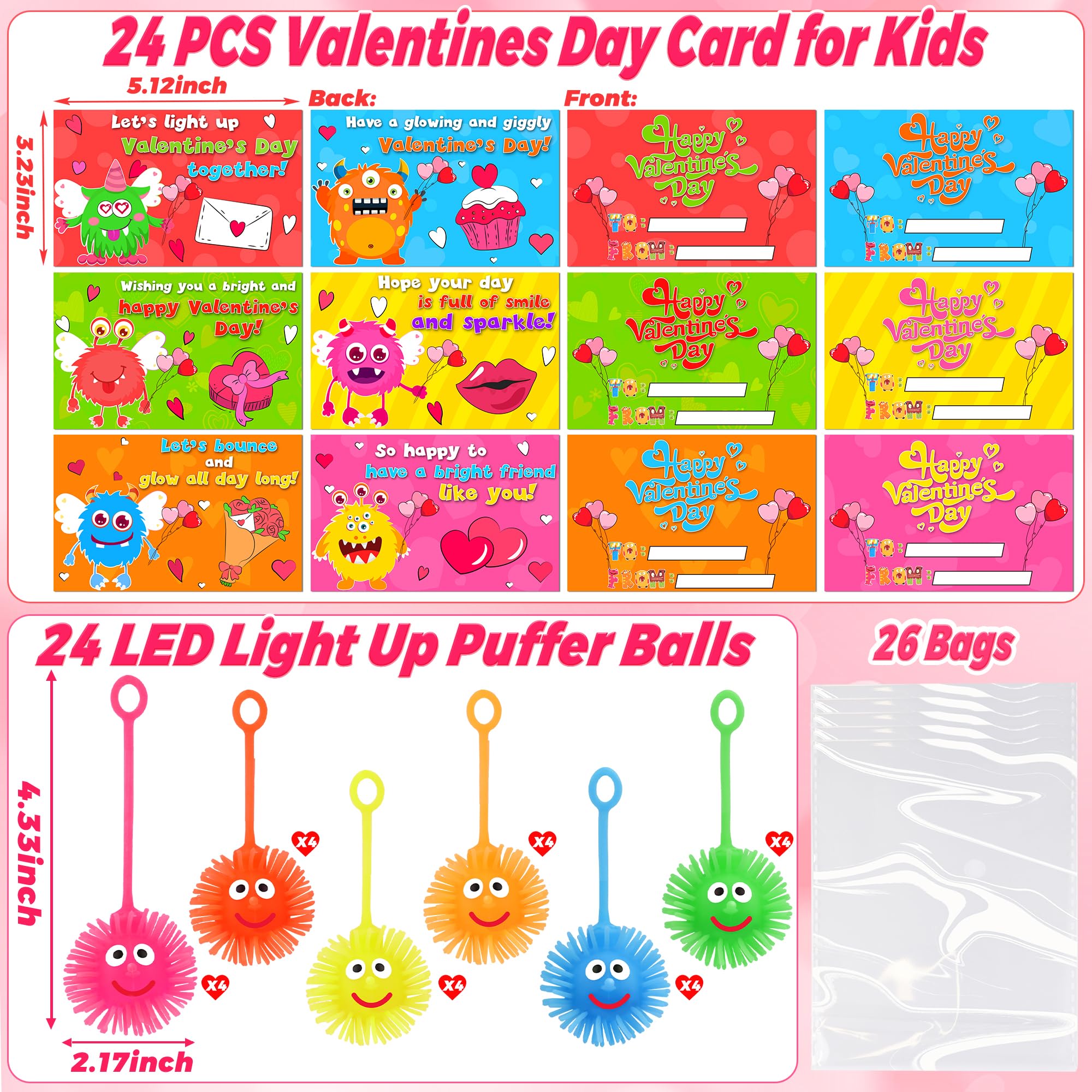 Envotek 24-Pack Valentines LED Puffer Balls with Cards – Classroom Glow Toys & Party Favors