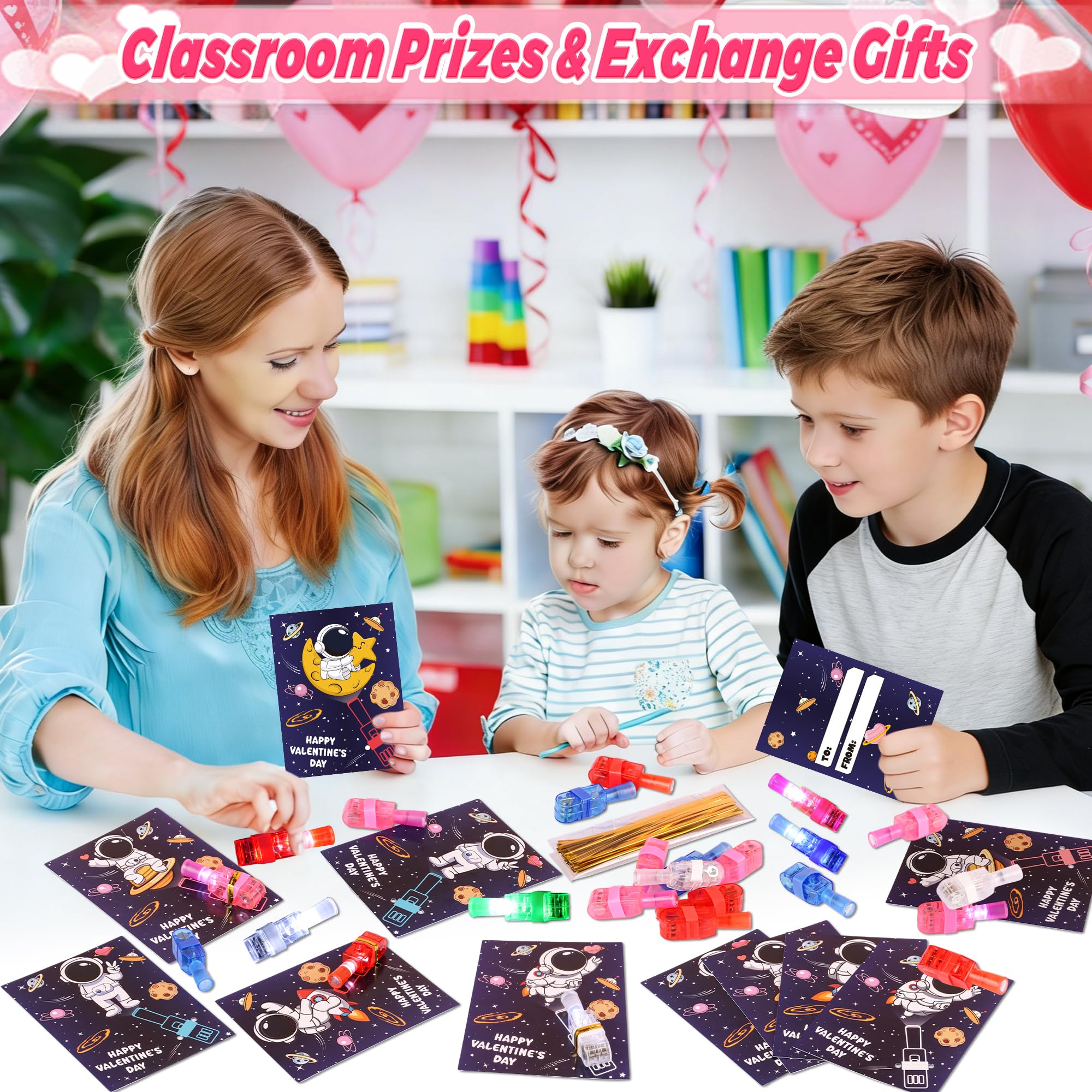 Envotek 28 Pack Valentines Day Cards with LED Finger Lights for Kids — Classroom Gifts & Party Favors
