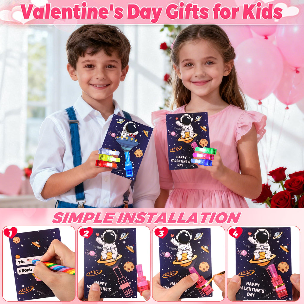 Envotek 28 Pack Valentines Day Cards with LED Finger Lights for Kids — Classroom Gifts & Party Favors