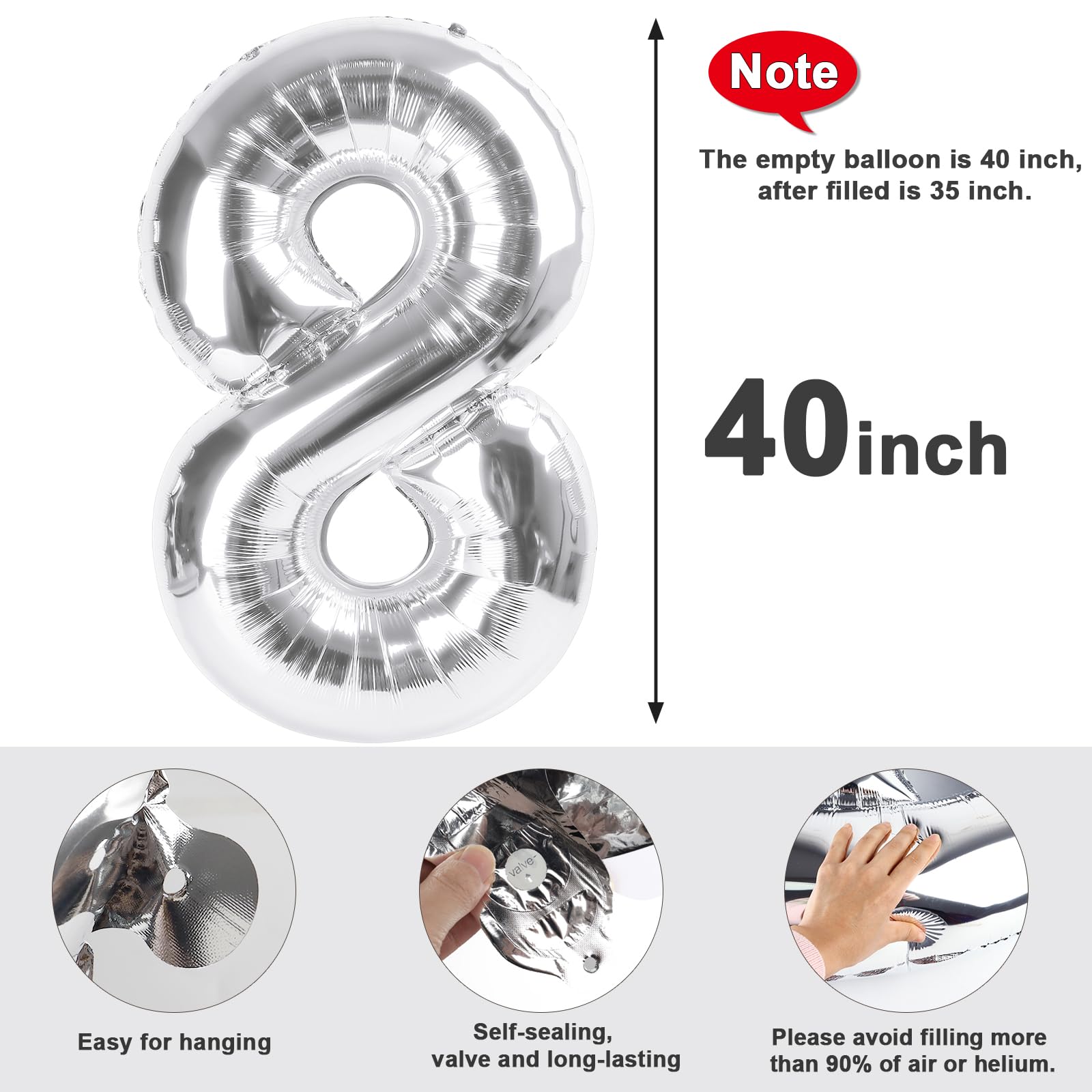Enyeopd Silver 12-Number Balloons, 40-Inch Frozen Finish for Birthdays, Weddings, and Milestones