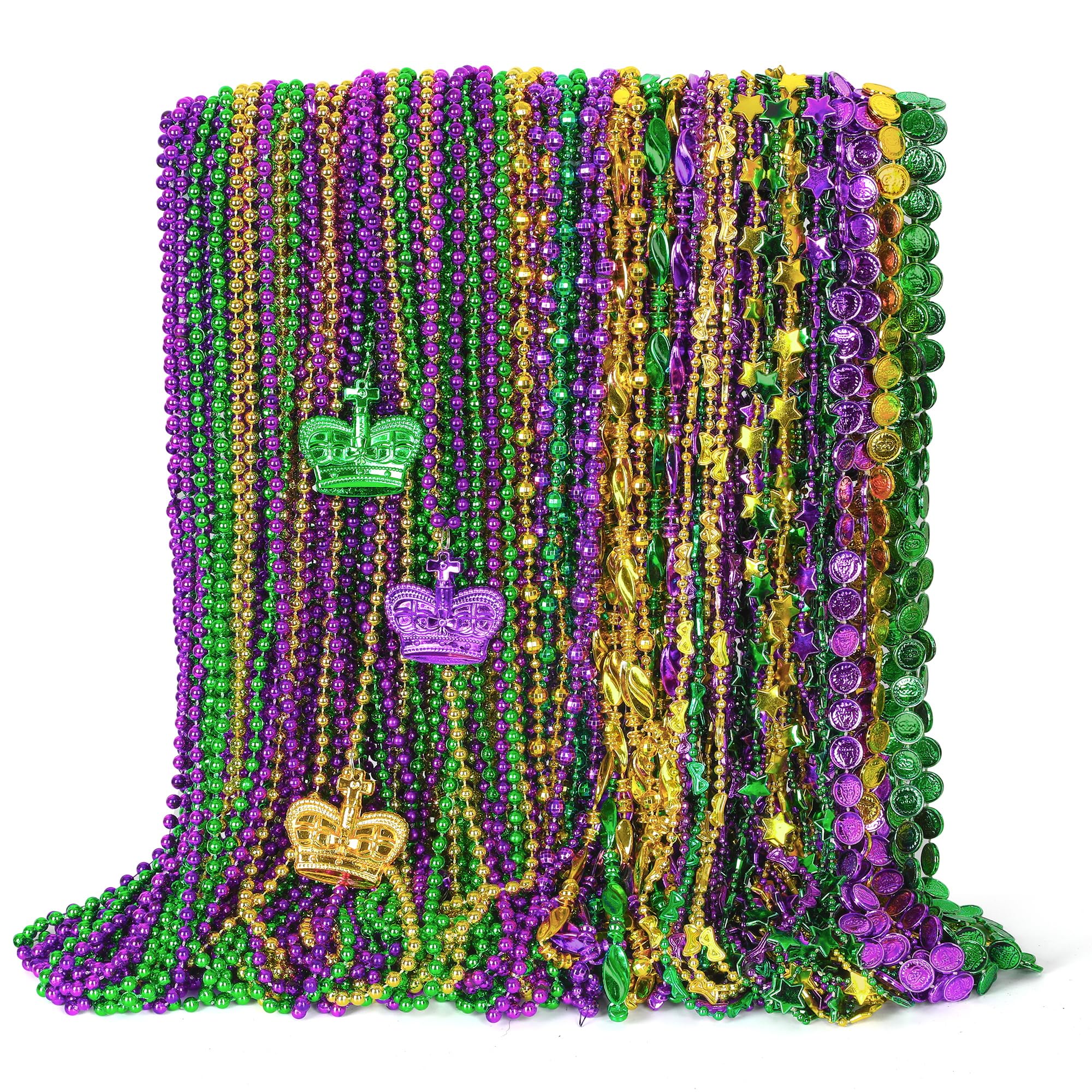 EOBOH 48PCS Mardi Gras Beads – 33-Inch Metallic Green Purple Gold Necklaces (Coins & Masks) Bulk Party Accessories