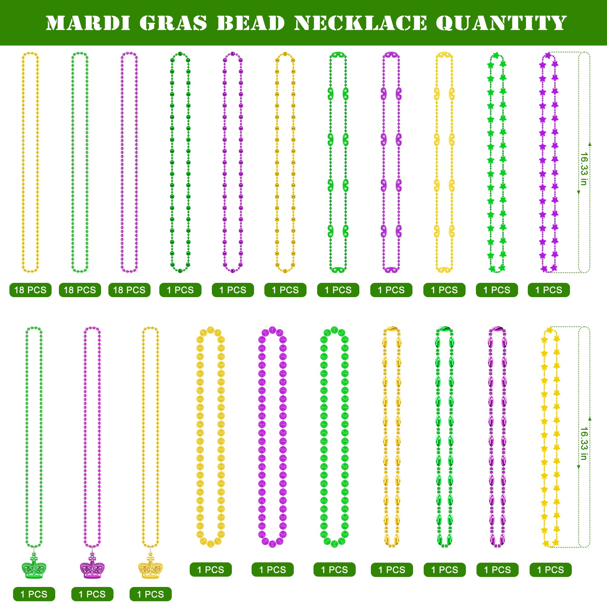 EOBOH 48PCS Mardi Gras Beads – 33-Inch Metallic Green Purple Gold Necklaces (Coins & Masks) Bulk Party Accessories