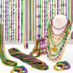 EOBOH 48PCS Mardi Gras Beads – 33-Inch Metallic Green Purple Gold Necklaces (Coins & Masks) Bulk Party Accessories