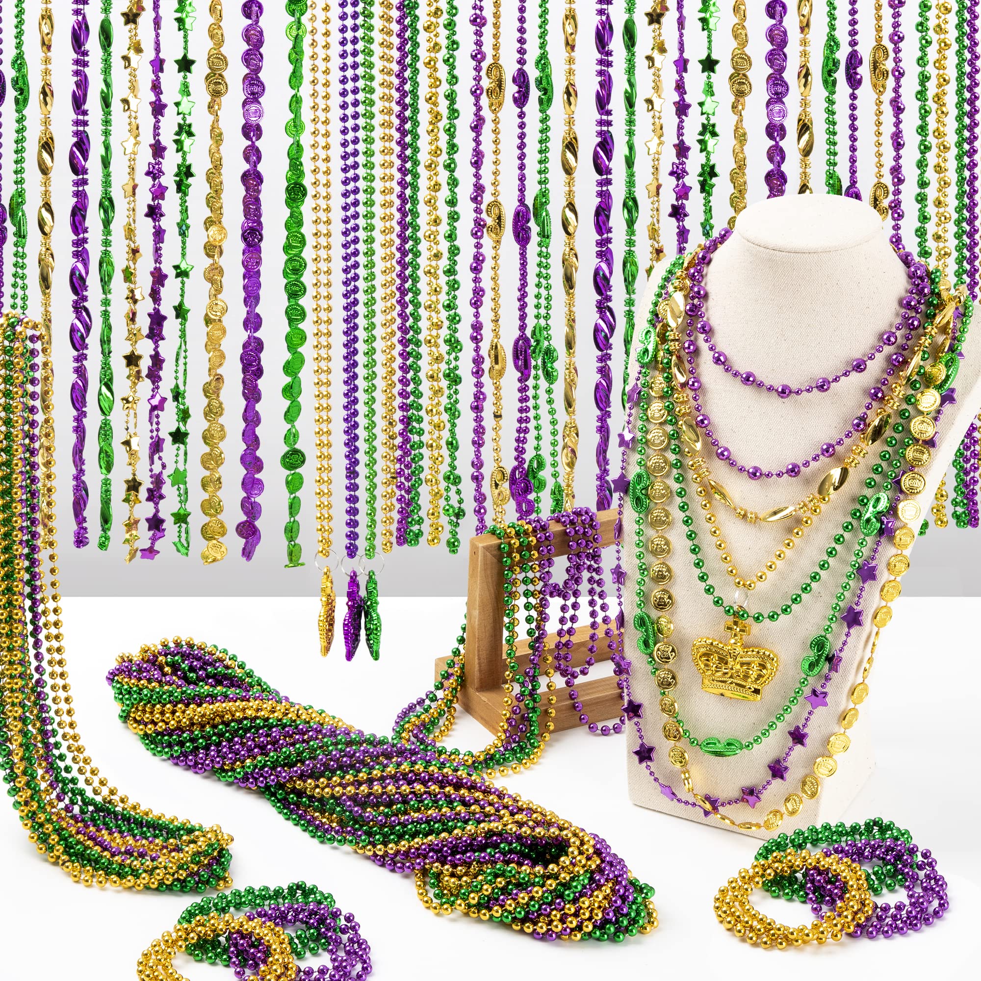 EOBOH 48PCS Mardi Gras Beads – 33-Inch Metallic Green Purple Gold Necklaces (Coins & Masks) Bulk Party Accessories