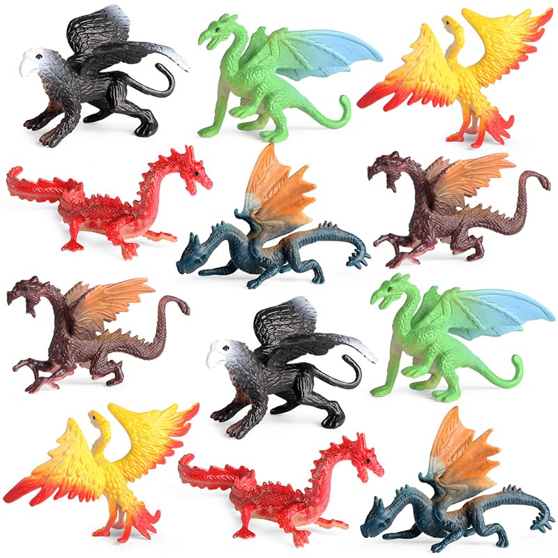 EOIVSH Mini Dragon Figures - 12pc Ancient Flying Dragons for Kids | Cake Topper & Party Favors