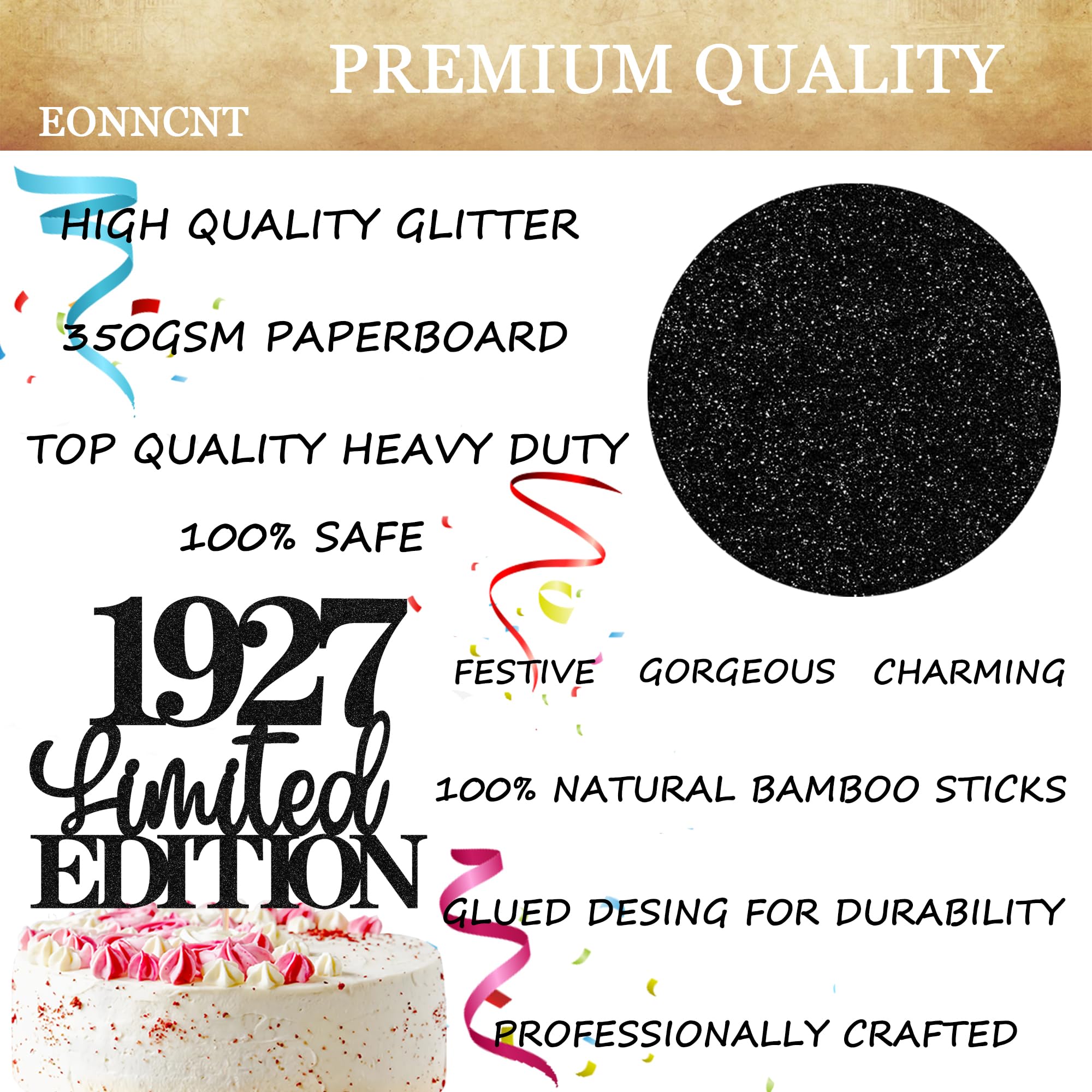 EONNCNT Limited EDITION 1927 Cake Topper – Black Glitter for 99th Birthday