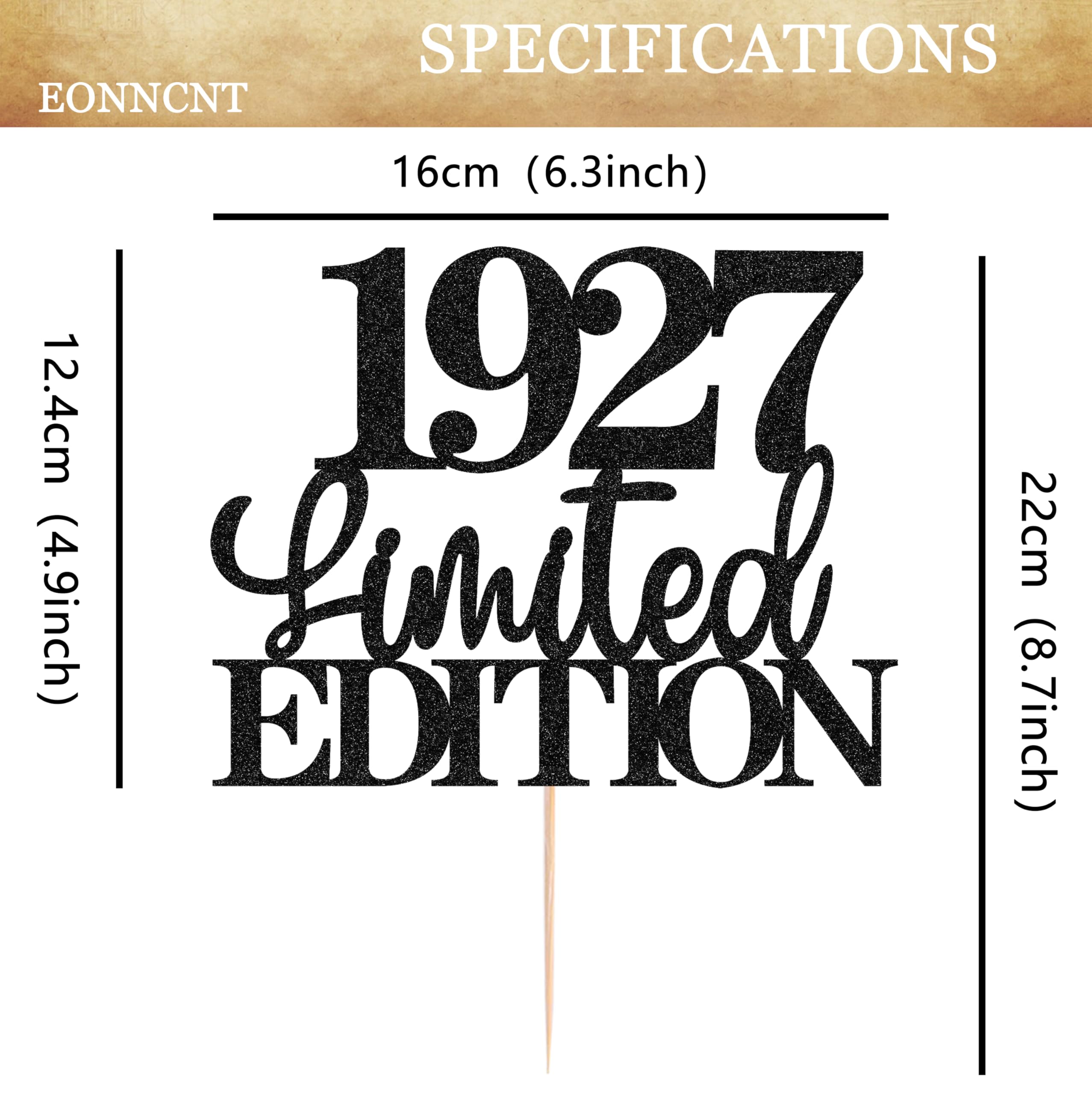 EONNCNT Limited EDITION 1927 Cake Topper – Black Glitter for 99th Birthday