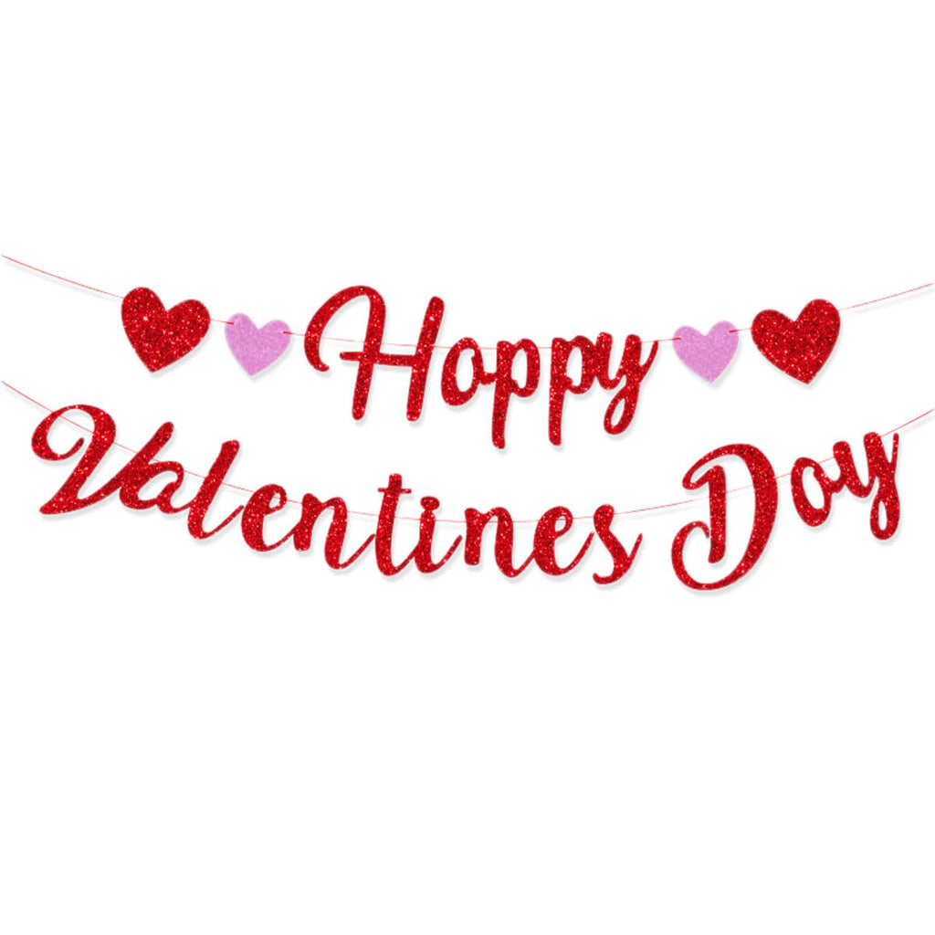 Eostankr Happy Valentines Banner - Red Glitter Heart Bunting for Valentines Day Party Decor