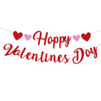 Eostankr Happy Valentines Banner - Red Glitter Heart Bunting for Valentines Day Party Decor