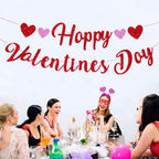 Eostankr Happy Valentines Banner - Red Glitter Heart Bunting for Valentines Day Party Decor