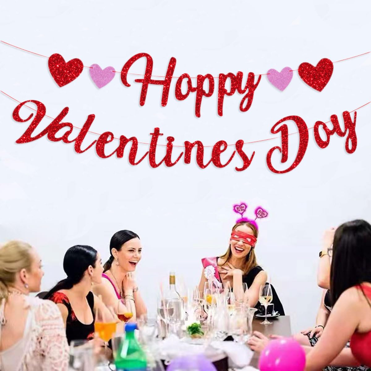 Eostankr Happy Valentines Banner - Red Glitter Heart Bunting for Valentines Day Party Decor