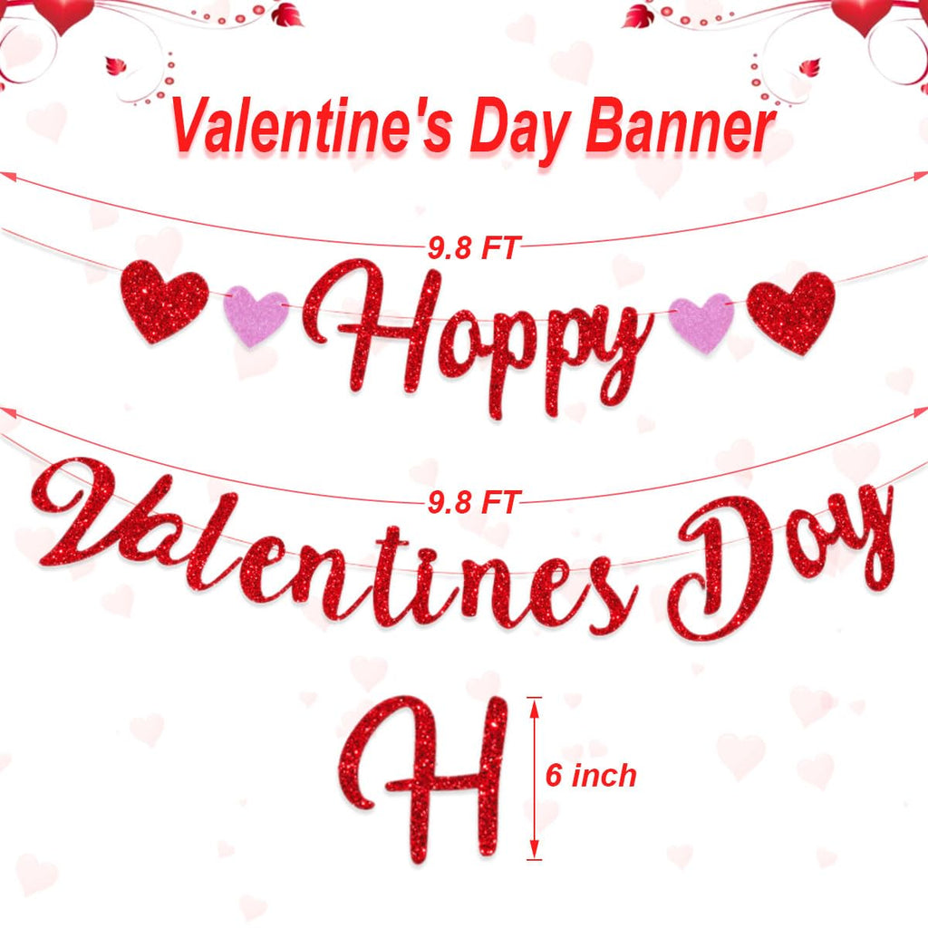 Eostankr Happy Valentines Banner - Red Glitter Heart Bunting for Valentines Day Party Decor