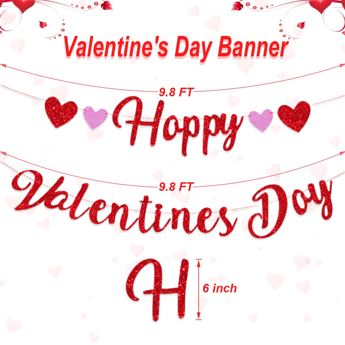 Eostankr Happy Valentines Banner - Red Glitter Heart Bunting for Valentines Day Party Decor