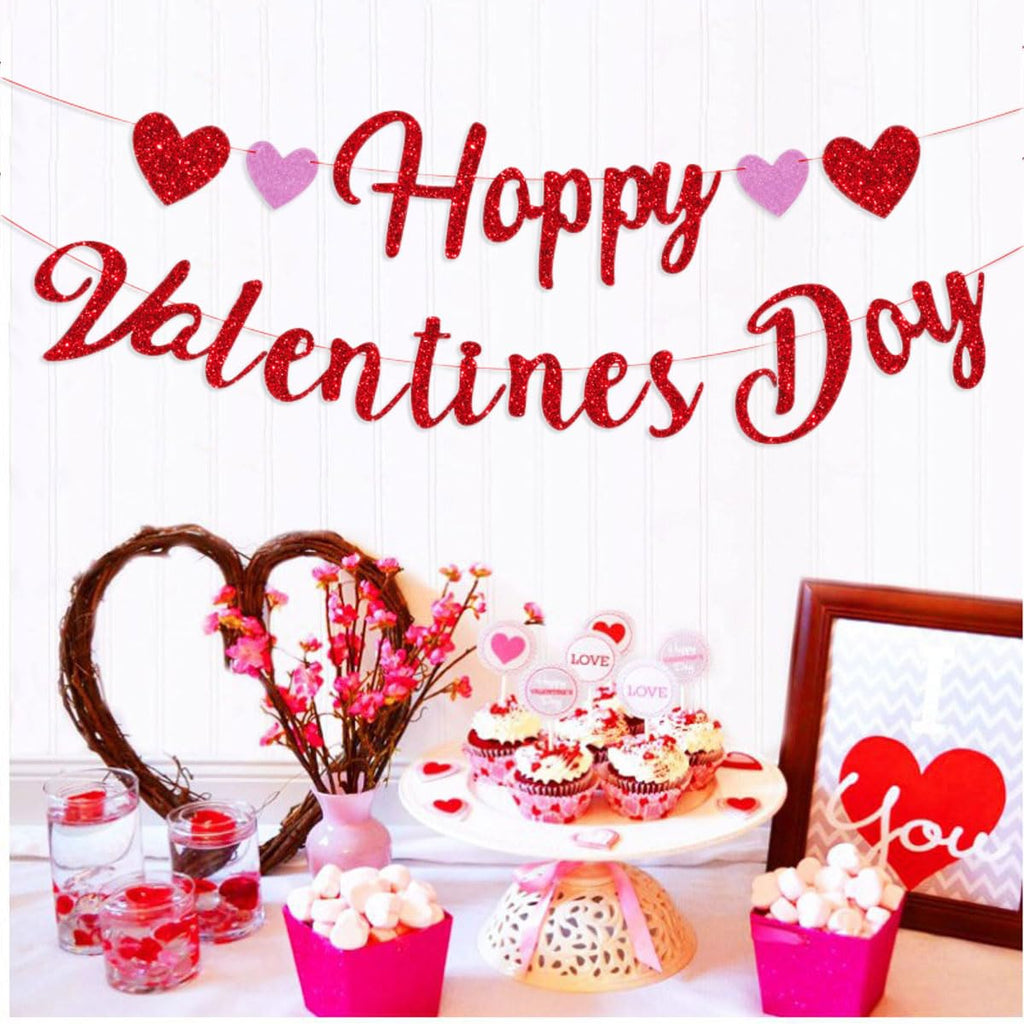 Eostankr Happy Valentines Banner - Red Glitter Heart Bunting for Valentines Day Party Decor