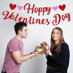 Eostankr Happy Valentines Banner - Red Glitter Heart Bunting for Valentines Day Party Decor
