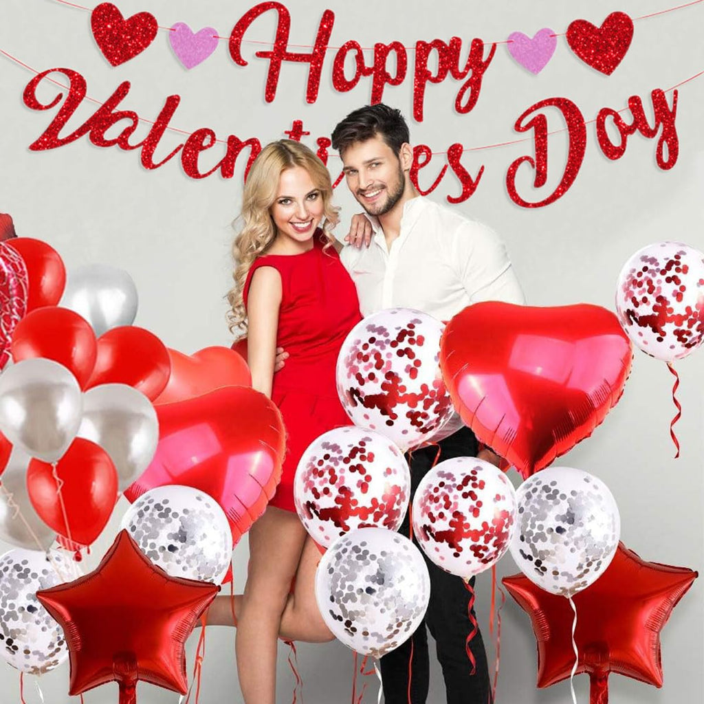 Eostankr Happy Valentines Banner - Red Glitter Heart Bunting for Valentines Day Party Decor