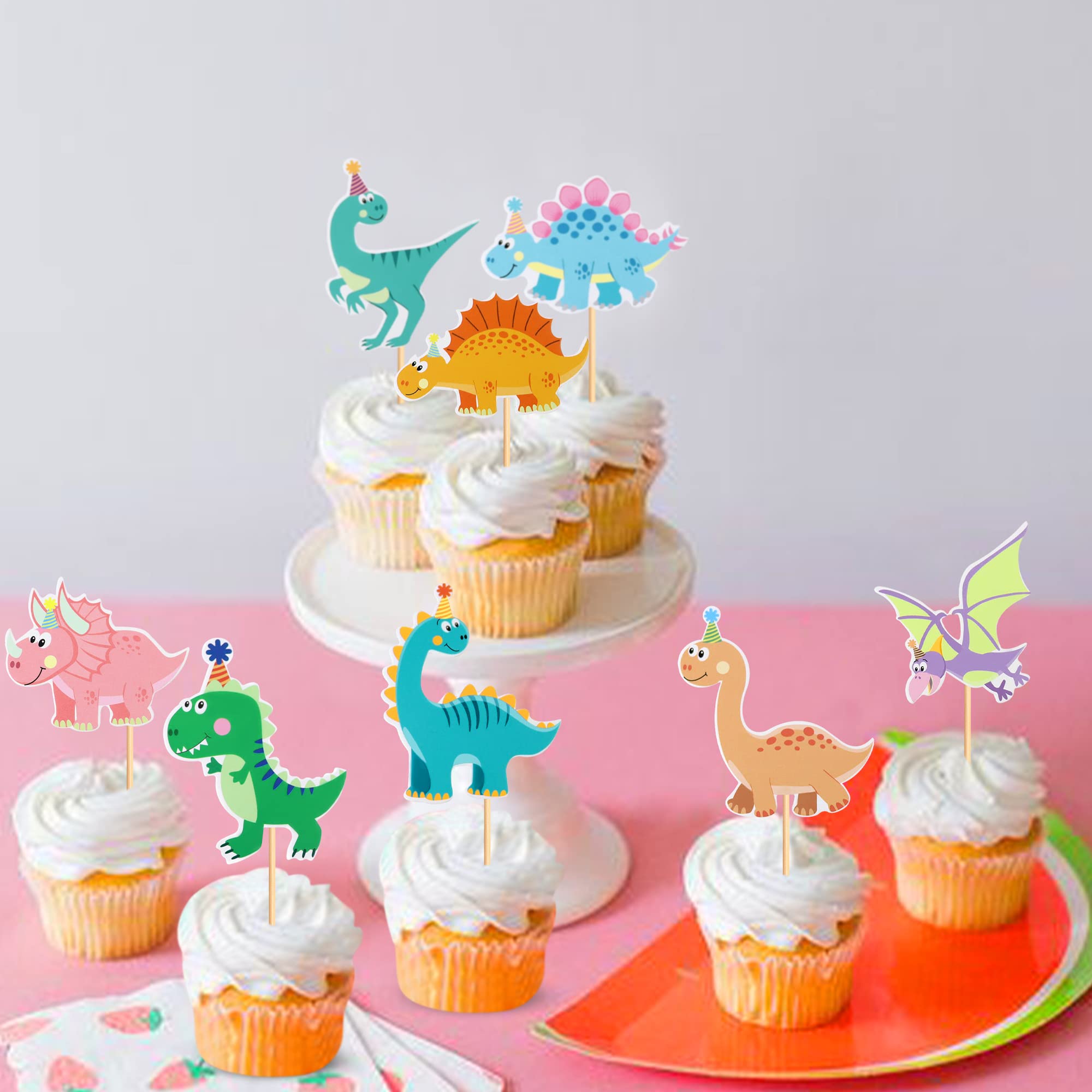 Ercadio 32 Pack Cartoon Dinosaur Cupcake Toppers – Cute Dinosaur Picks for Baby Showers & Kids’ Birthday Cakes