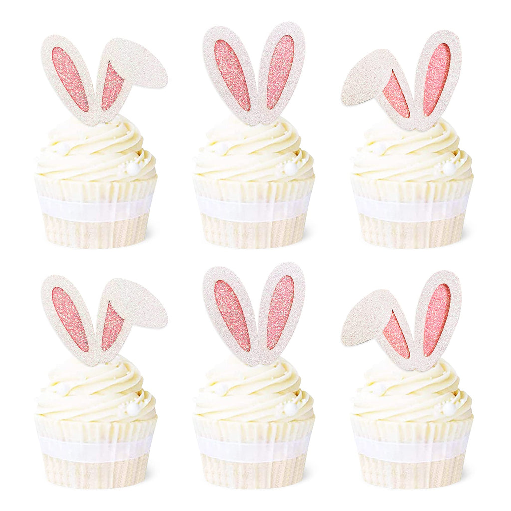 Ercadio 24 Pack Easter Bunny Ear Cupcake Toppers – Glitter Pink Rabbit Ears